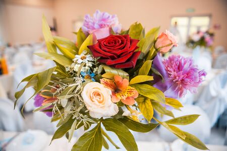 flowers as decor on table at  the restaurantの写真素材