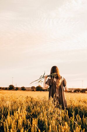 woman in green dress walks on path in wheat field in countrysideの写真素材