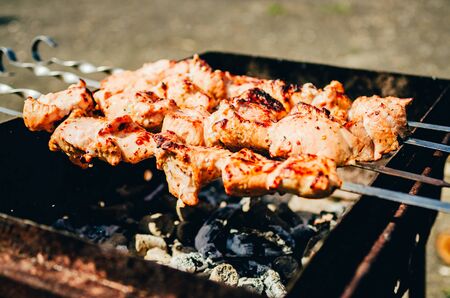 brazier with almost ready shish kebab on skewers. having a picnic outsideの写真素材