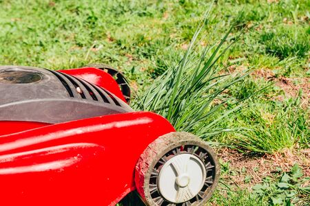 red lawn mower cutting high grass. selective focusの写真素材