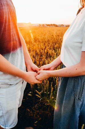 a young couple in wheat field holding hands while sunsetの写真素材
