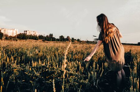 young woman ia making a wreath and is standing in golden wheat fieldの写真素材