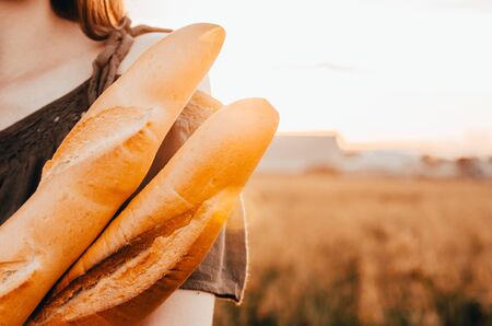 close up photo of woman holds freshmade french baguettes in wheat fieldの写真素材