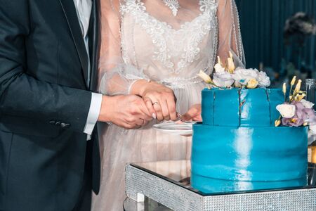 newlyweds cut  blue wedding cake. wedding traditions