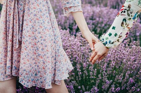 touching hands in lavanda field . two girls and gay pride conceptの写真素材