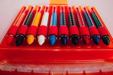 new crayons for drawing in the pencil boxの写真素材