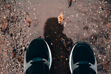 dirty sneakers in puddle . view from the topの写真素材