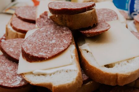 salami and cheese sandwiches close up viewの写真素材
