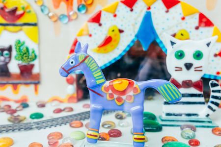 close up view from sweet horse candy in storeの写真素材