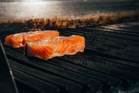 raw salmon fillet on the grill from the top view .の写真素材