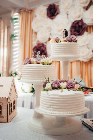 big wedding cake with kissing figurines and wooden house .の写真素材
