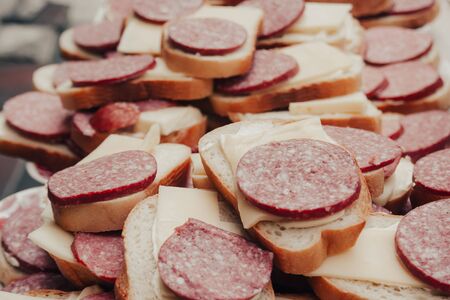 salami and cheese sandwiches close up viewの写真素材