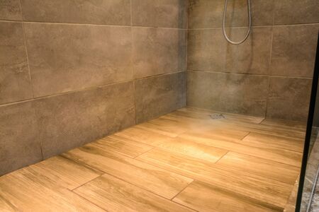 close up of modern mooden shower stall in the bathroomの写真素材