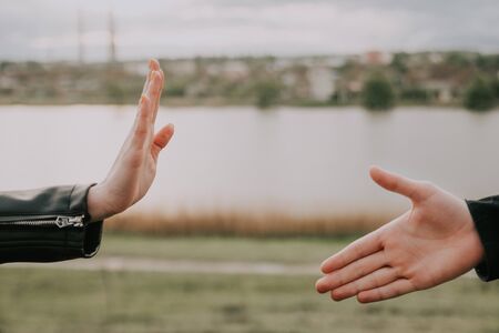 keep distance from each other conept. do not stay close. isolation and stop signの写真素材