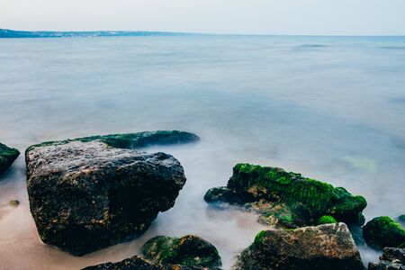 view of sea with big rocks . travel concept .の写真素材