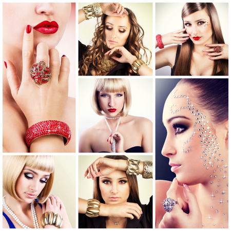 beautiful girls with jewelry, collageの写真素材