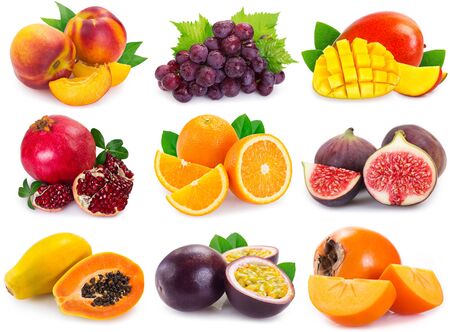 collection of fresh fruits isolated on white background. fruit collage.の写真素材