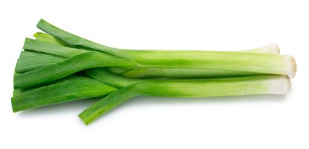 fresh leek isolated on white background closeupの写真素材