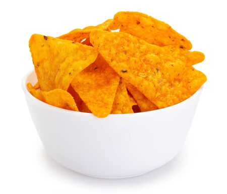 nachos chips isolated on white background, corn chips closeupの写真素材