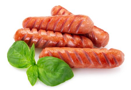 grilled sausages isolated on white background closeupの写真素材