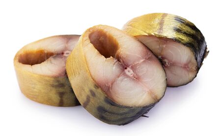 smoked mackerel fish isolated on white backgroundの写真素材