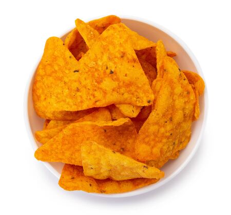 nachos chips isolated on white background, corn chips closeupの写真素材