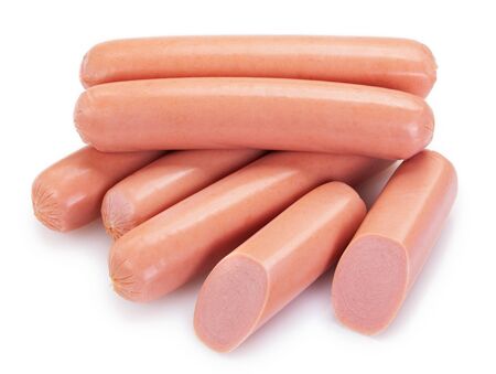 fresh boiled sausages isolated on white backgroundの写真素材