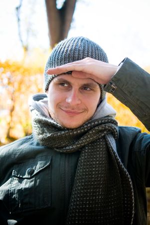 Young man on a street forest.の写真素材