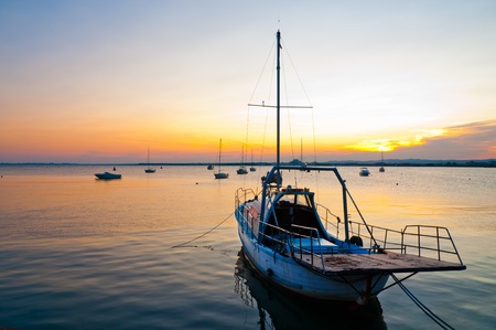 Beautiful sea sunset and shipの写真素材