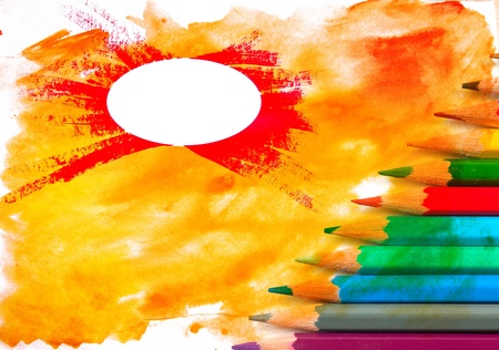 Color photo of a set of pencils on watercolor の写真素材