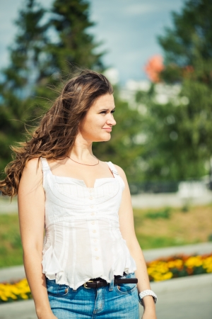 	beautiful european woman  with hair flying の写真素材