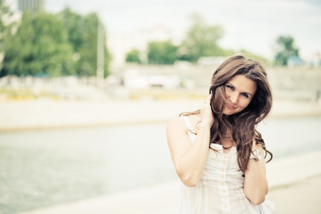 	beautiful european woman  with hair flying の写真素材