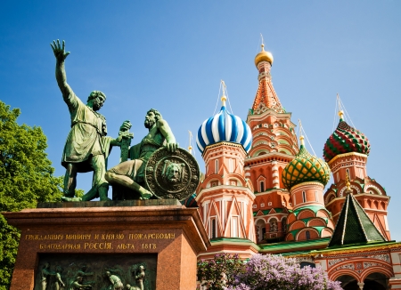 The monument to Minin and Pozharsky and the most famous Russian Cathedral on the Red Square in Moscow のeditorial素材