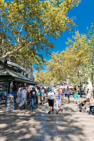 BARCELONA, SPAIN - SEPTEMBER 14: La Rambla on September 14, 2012 in Barcelona, Spain. Thousands of...