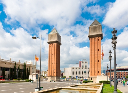 BARCELONA; SPAIN - SEPTEMBER 21: View of the Venetian Tower on Espanya square in Barcelona on September 21; 2012. More than 7 million visitors were in Barcelona in 2012.のeditorial素材