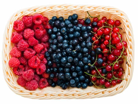 Mix of different berries in basketの写真素材