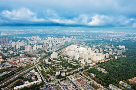 skyline with dark grey autumn clouds under big city, Moscow の写真素材