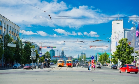 YEKATERINBURG, RUSSIA - JULY 25: Lenina street in the center of Yekaterinburg on July 25, 2012. Yekaterinburg is bidding for the 2020 Expo.のeditorial素材