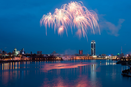 Fireworks over night city - Yekaterinburg, Russiaの写真素材