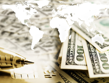 Finance background with dollars and world map. Finance concept. 