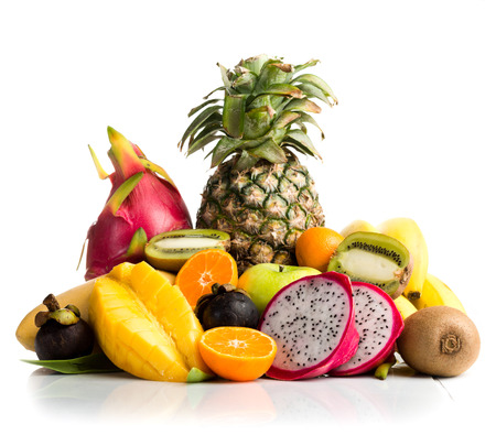 Composition of exotic fruits isolated on white の写真素材