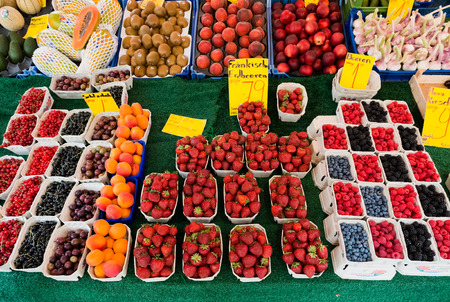 NUREMBERG, GERMANY JULY 22: Fresh fruits at a market in Nuremberg. Nuremberg accommodates annually more than 2 millions tourists のeditorial素材