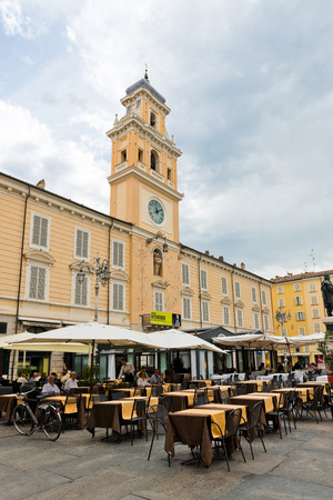 PARMA, ITALY -JULY 20 2014: Piazza Garibaldi. From 183 BC Parma was Roman colony and Piazza Garibaldi was the Roman Forum and today is center of Parma caffe life, Italy のeditorial素材