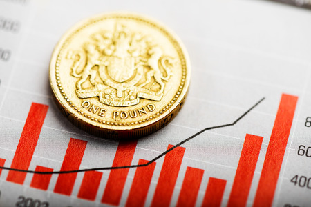 One pound coin on fluctuating graph. Rate of the pound sterling (shallow DOF)の写真素材