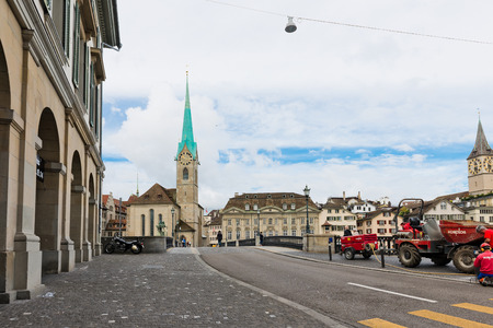 ZURICH, SWITZERLAND - JUL 21 2014: Fraumunster tower in Zurich. Fraumunster Church, from XIII century, dominate the old town of Zurich. Zurich is the biggest city and main economic center in Switzerland.のeditorial素材