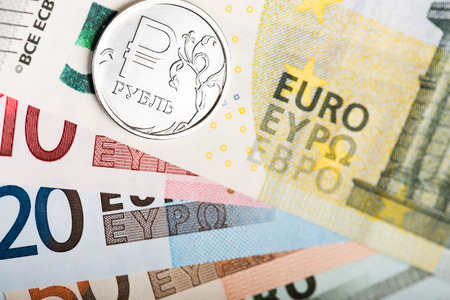 russian ruble coin on the European banknotesの写真素材