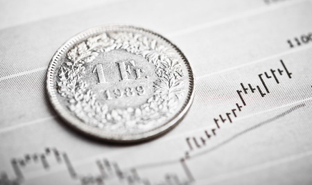 One Swiss Franc coin on fluctuating graph. Rate of the Swiss Franc (shallow DOF)の写真素材