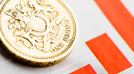 One pound coin on fluctuating graph. Rate of the pound sterling (shallow DOF)の写真素材