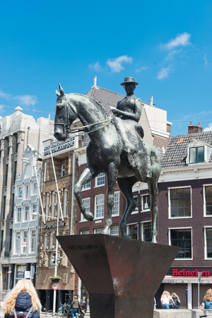 AMSTERDAM, NETHERLANDS - JUNE 01, 2015: The equestrian statue of Queen (Ruiterstandbeeld koningin Wilhelmina) in Amsterdamのeditorial素材