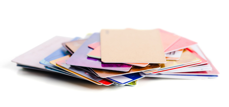 Stack of credit cards on white backgroundの写真素材